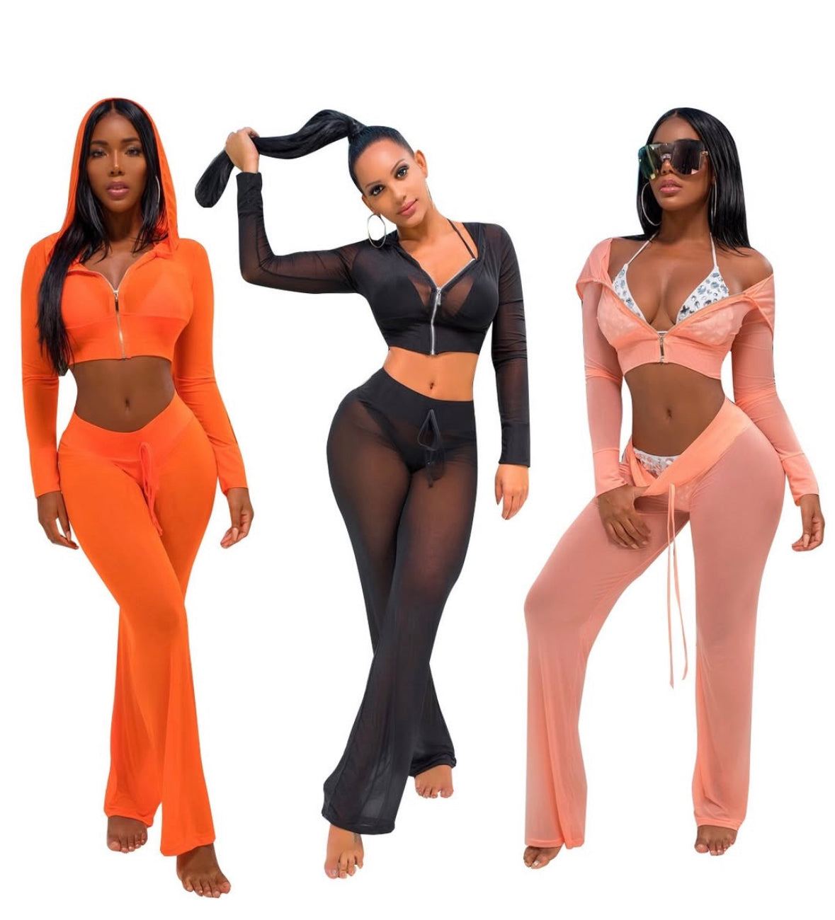 Two Piece Mesh Hoodie + Pants Cover Up