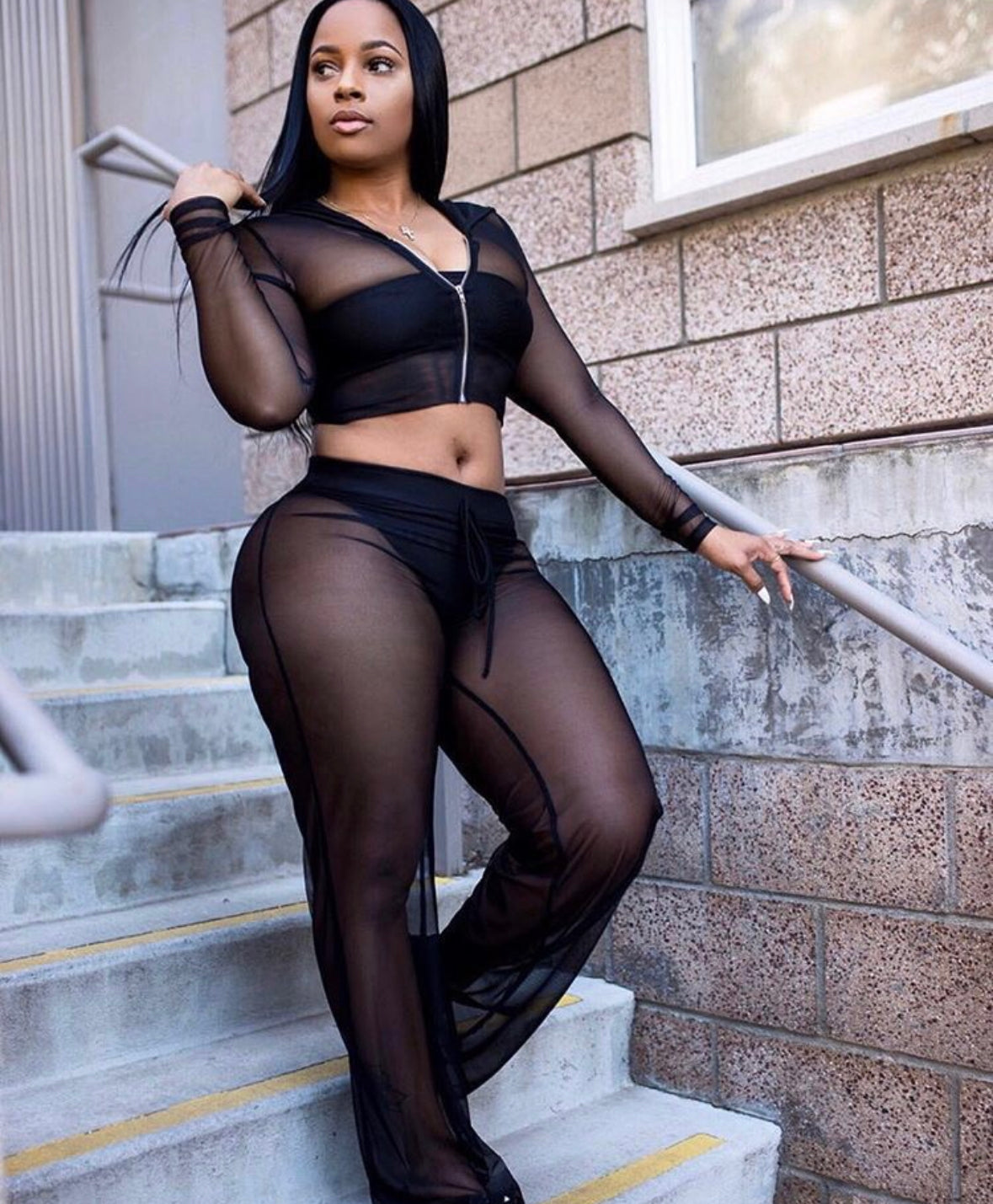 Two Piece Mesh Hoodie + Pants Cover Up